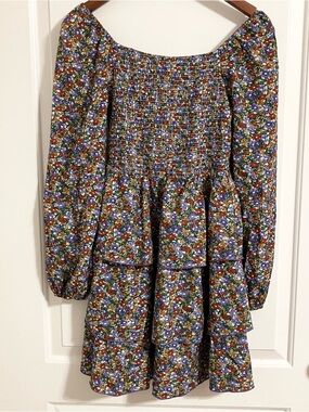 BTFBM Floral Print Long Sleeve Square Neck Ruffle Tiered Boho Mini Dress Sz S